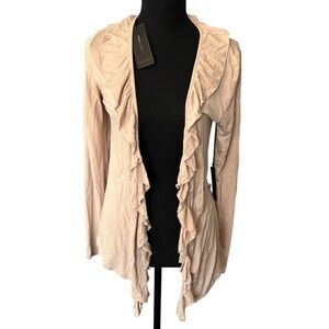 BCBGMAXAZRIA BCBG Tan Ruffle Open Front Lightweight Layering Cardigan Sz M NEW!